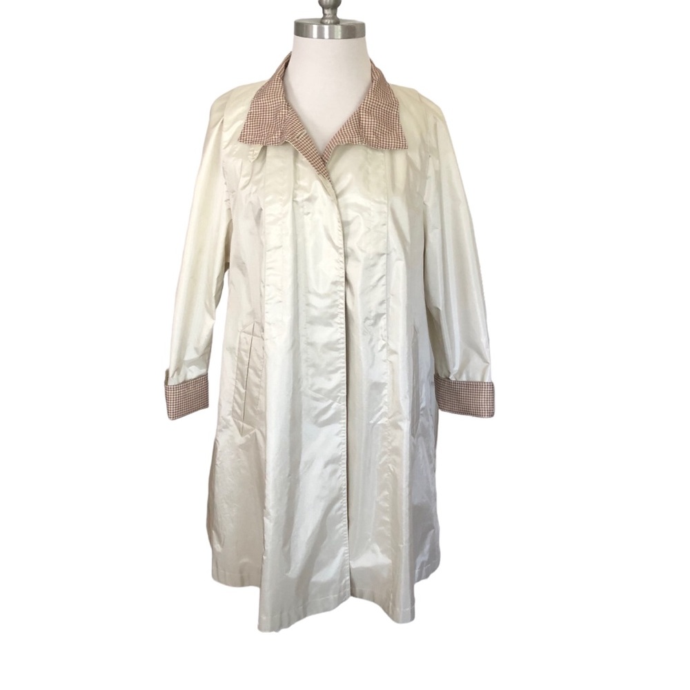 BRITISH MIST TRENCH RAINCOAT CREAM WITH BROWN AND WHITE CHECKED LINING SIZE 4P